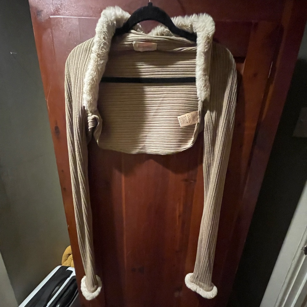 Bolero, ribbed 
fabric taupe color with creme faux fur collar and cuffs, os